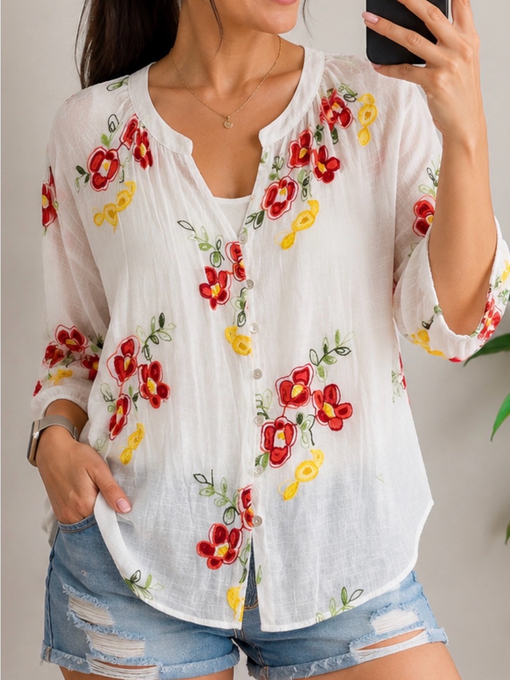 White Embroidered Floral Button-Up Blouse by
